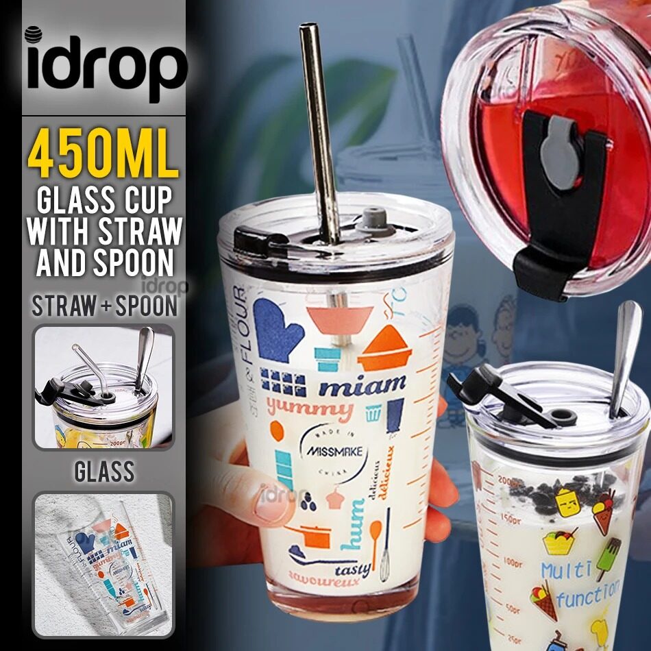 FREE GIFT idrop 450ml Drinking Glass Cup + Straw & Spoon