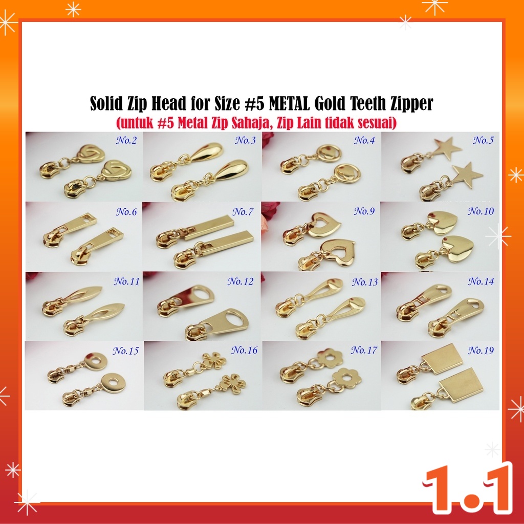 Solid Zip Head for Size 5 METAL Gold Teeth Zipper Kepala Zip untuk 5
