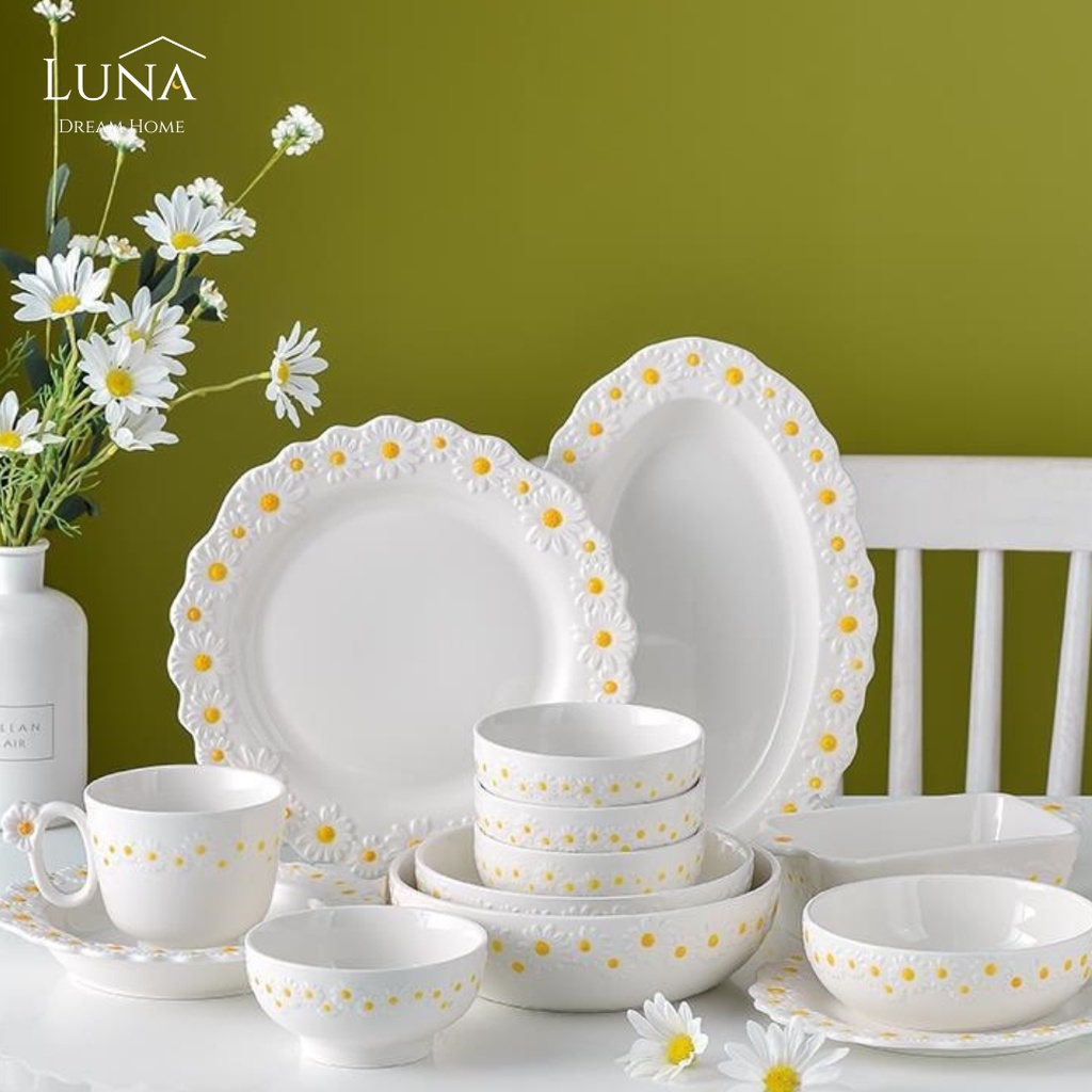 LUNA [Ins White Daisy Dinnerware] Ceramic Plate Salad Bowl Tableware Dining Set Pinggan Mangkuk