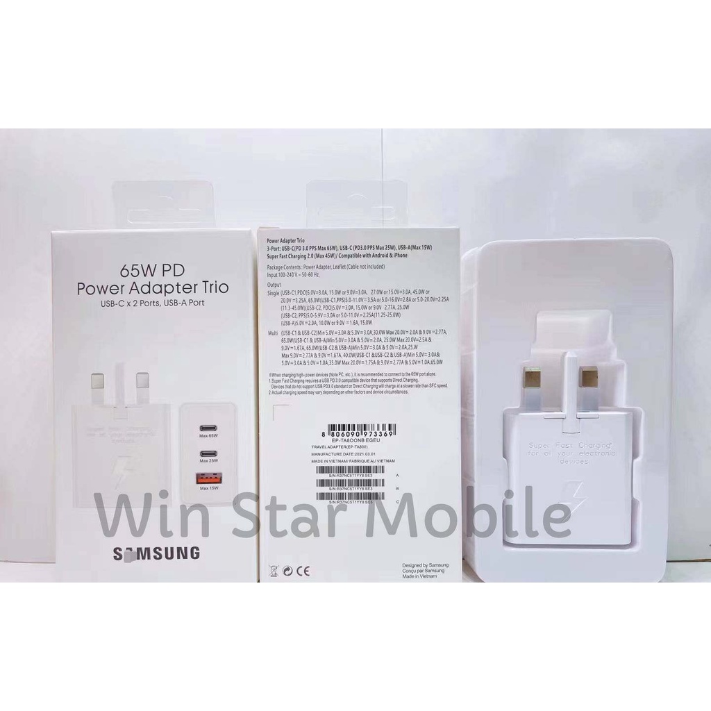 FREE GIFT Original Samsung 65w Charger Fast Charing 3 USB Adapter With Type-C PD