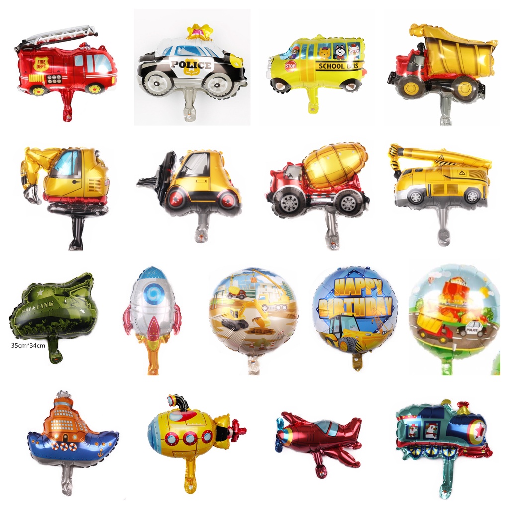 [Ready Stock]Mini Vehicle Theme Foil Balloon Rocket Bus Police Car Submarine Fire Truck Party Supplier QQ Balloon 交通工具气球