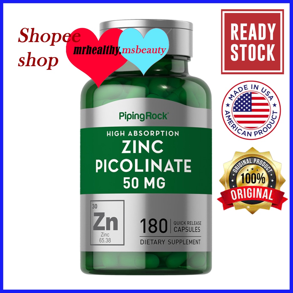 PipingRock Zinc Picolinate (High Absorption Zinc), 50 mg, 180 Quick Release Capsules Shopee