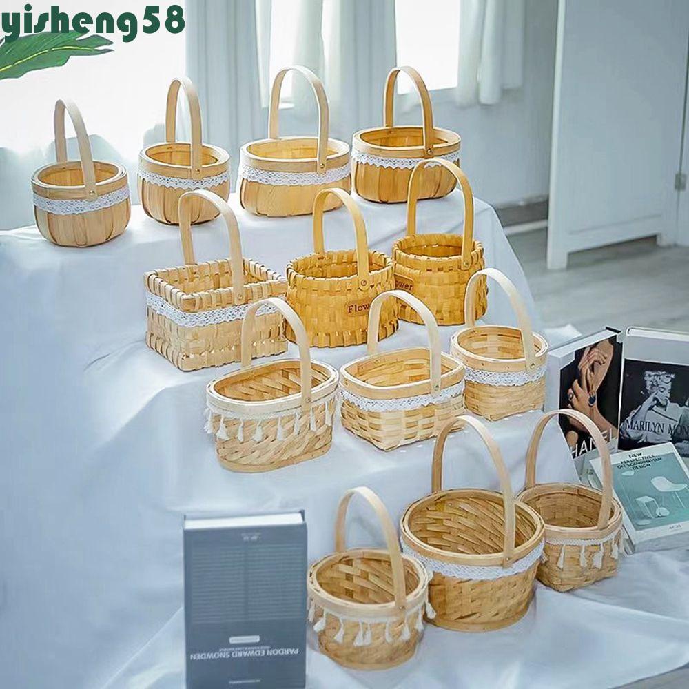 YISHENG Flower Basket Portable Vintage Fruit Tray Girl Gift Hand Woven Natural Garden Decor