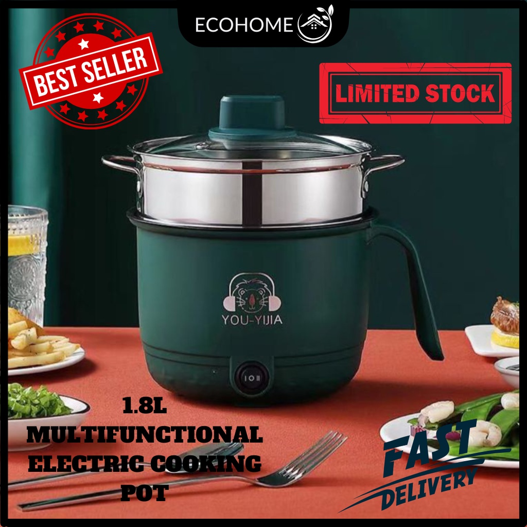 【ECOHOME】1.8L Non Stick Electric Pot/Mini Rice Cooker Steamer Frying Pan Electric Cooker Cooking Pot Periuk Nasi