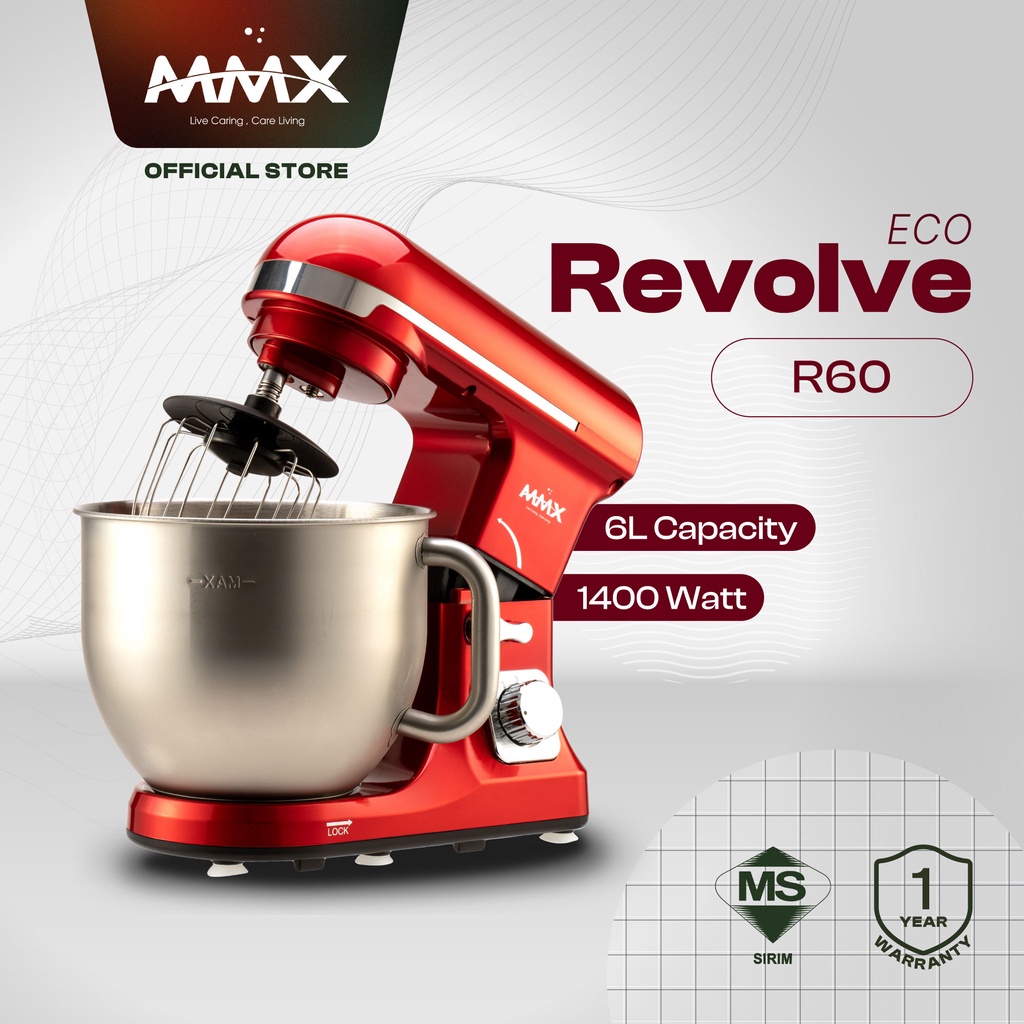 MMX Revolve Eco R60 1400W 6 Speed Cake Kitchen Blender Stand Mixer 6L