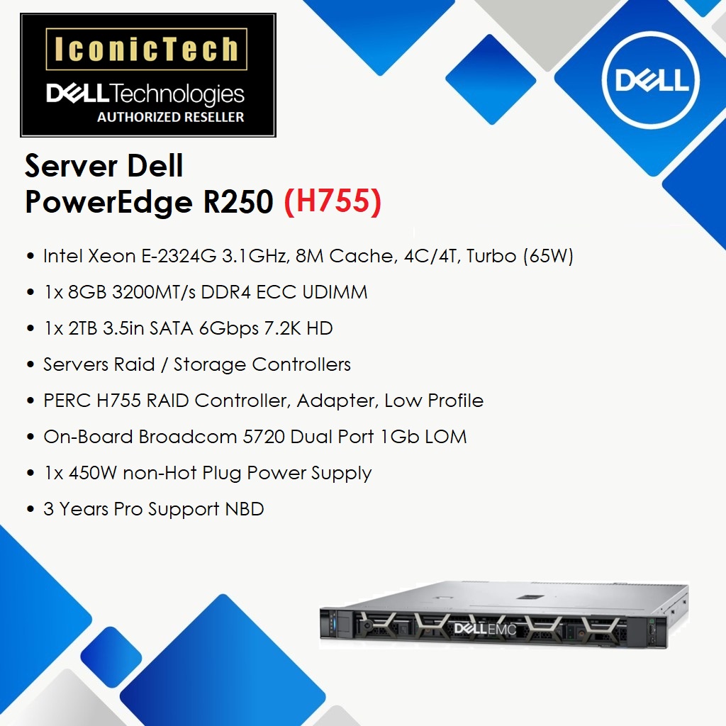 Dell PowerEdge R250 Rack Server (E2324G, 8GB, 2TB, PERC H755 RAID