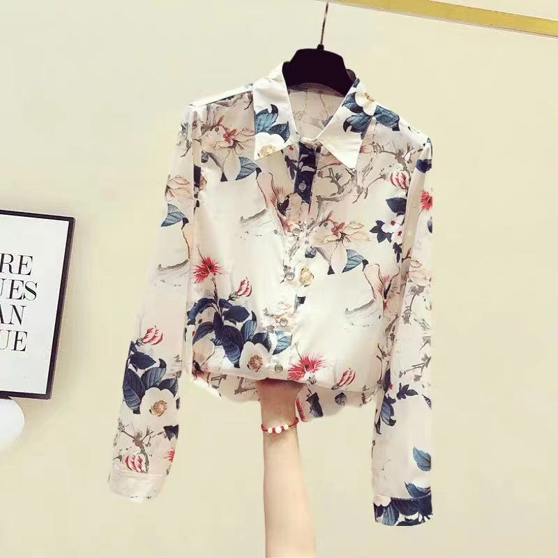 Women's New Flower Print Long-Sleeved Shirt Summer Casual Loose Lapel Blouse All-Match Retro Top Fashionable Women's Clothing Ladies Baju Kemeja