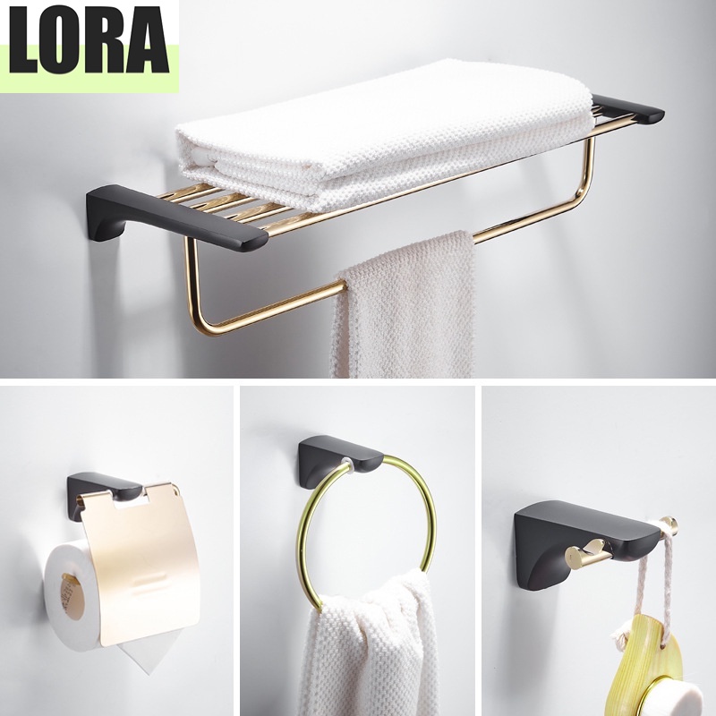 Ready Stock LORA Black Gold Bathroom Accessories Set Organizer Rack