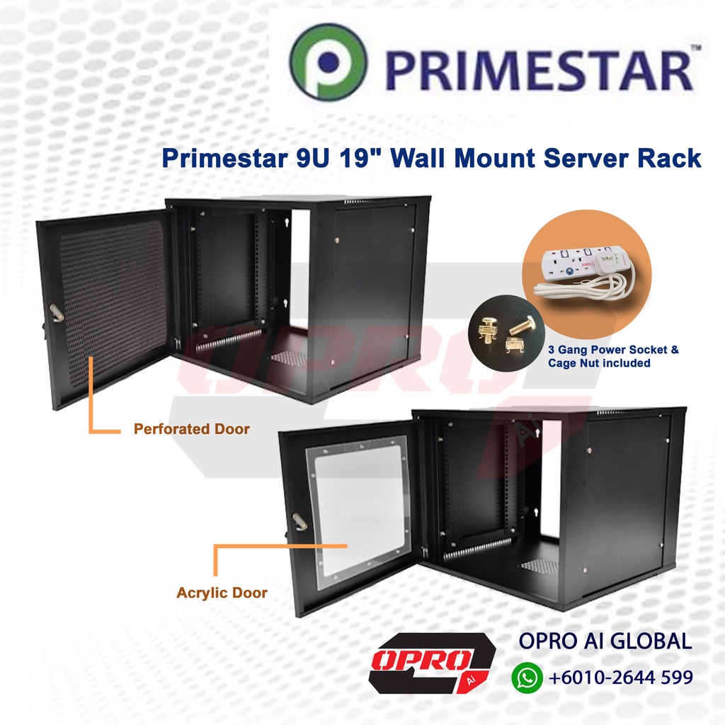 Primestar 9U 19" Wall Mount Server Rack, Perspex / Perforated Door