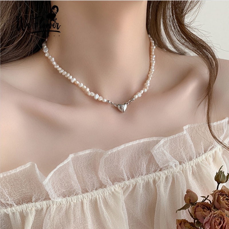 We Flower Vintage Pearl Beaded Choker Silver Magnetic Heart Charm Short Necklace for Women Girls Elegant Collarbone Chain Necklaces Engagement Dinner Party Jewelry