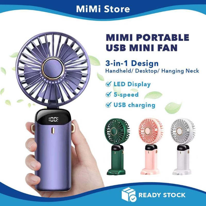 MiMi Portable USB Mini Fan Adjustable Mini Fan Cooling Fan 5 Speed Rechargeable Handheld Fan with Led Display Kipas Mini