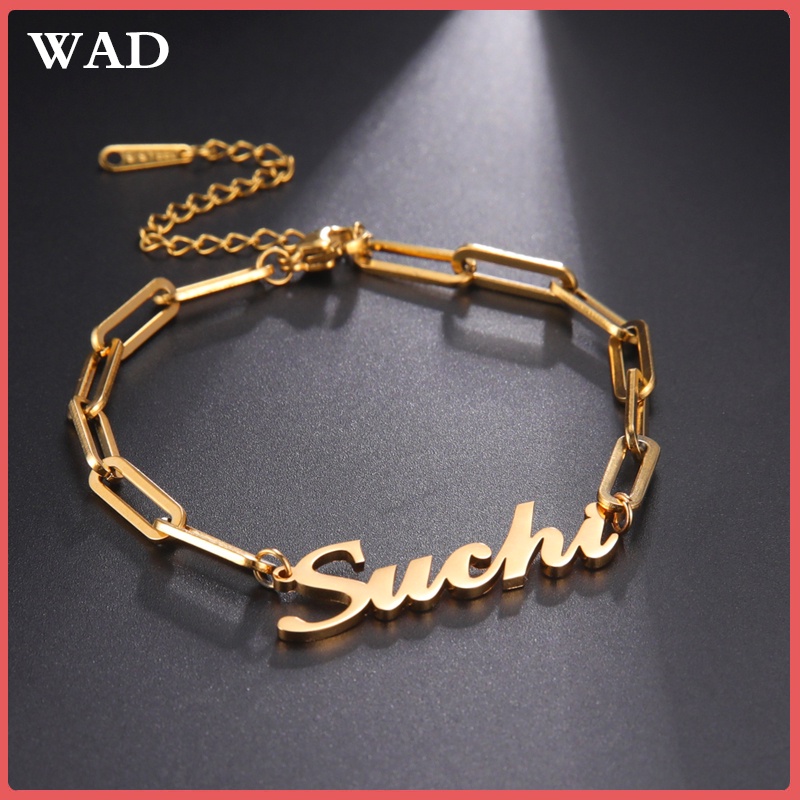 WAD Custom Name Women's Paper Clip Chain Bracelet Personalized Stainless Steel Rectangular Chain Letter Bracelet Unique Jewelry Family Gifts