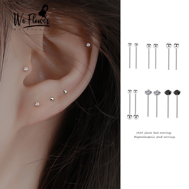 We Flower Hypoallergenic s925 Silver Tiny Crystal Beads Stud Earrings for Women Girls Korean Piercing Ear Bone Screw Earring Daily Wear Ear Jewelry