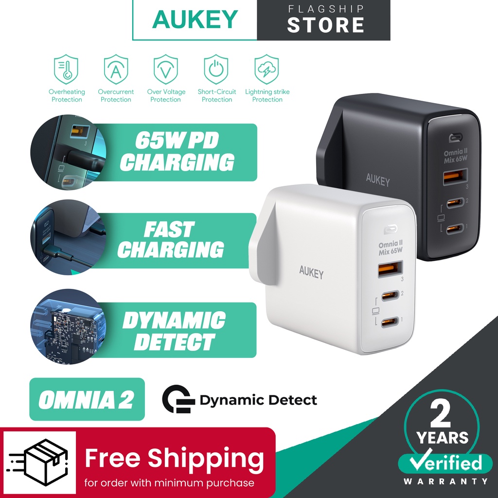 AUKEY PA-B6T Omnia II Series Dual 65W With GaN Power Tech Wall Charger ...