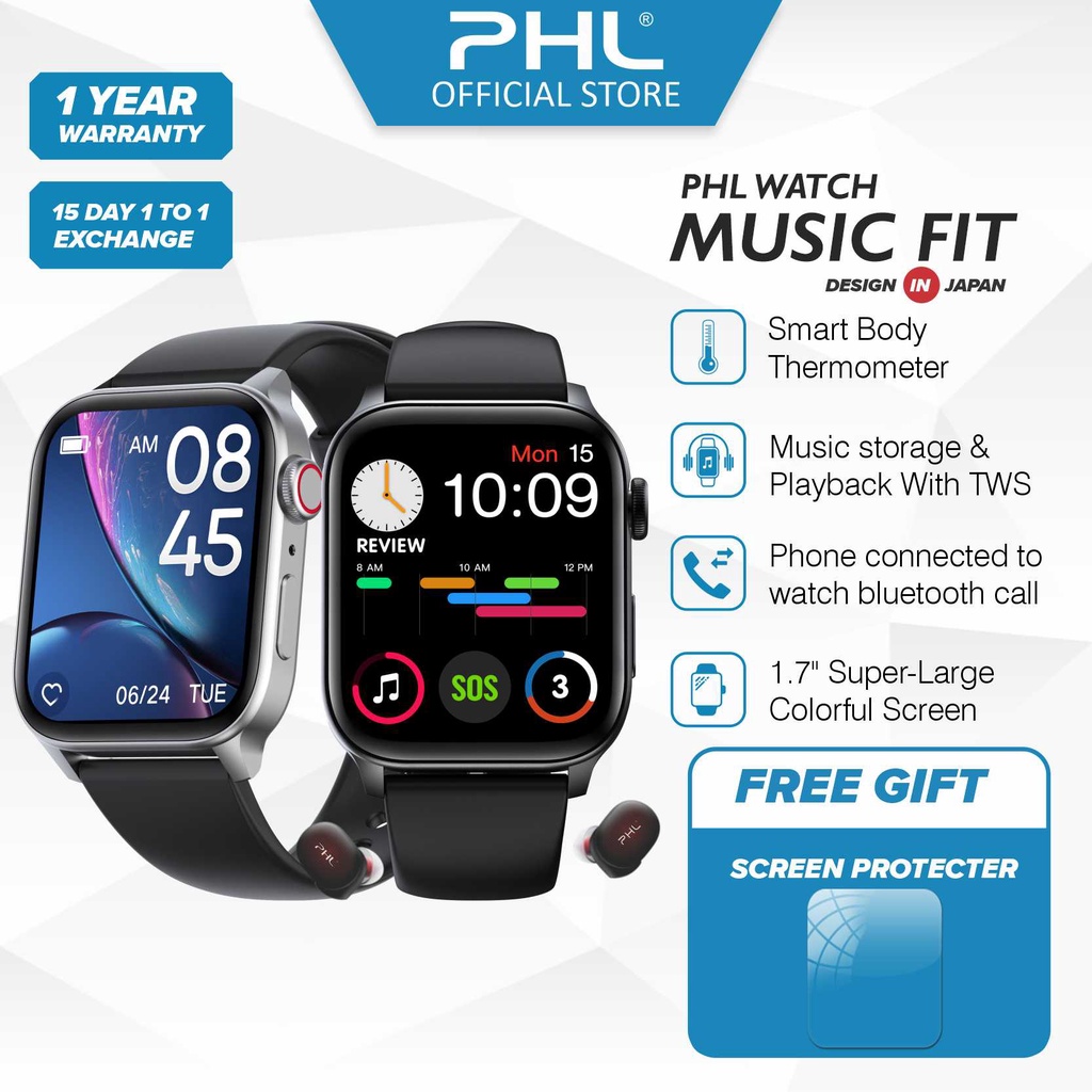 PHL Watch Music Fit Smartwatch Wearables Built-in Thermometer Music Storage and Playback Bluetooth Call