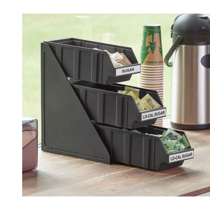 3 Tier Black Versa Self Serve Condiment Bin Stand Set and 12" Counter Cutlery Sugar Creamer