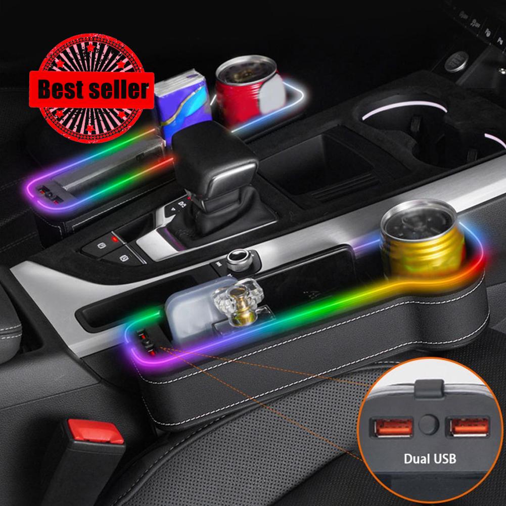 New Car Crevice Storage Box With 2 USB Charger Colorful LED Seat Gap Slit Pocket Seat Organizer