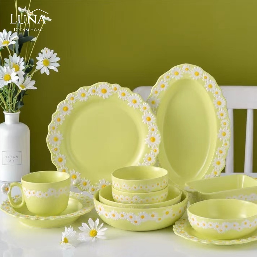 LUNA [Ins Yellow Daisy Dinnerware] Ceramic Plate Salad Bowl Tableware Dining Set Pinggan Mangkuk