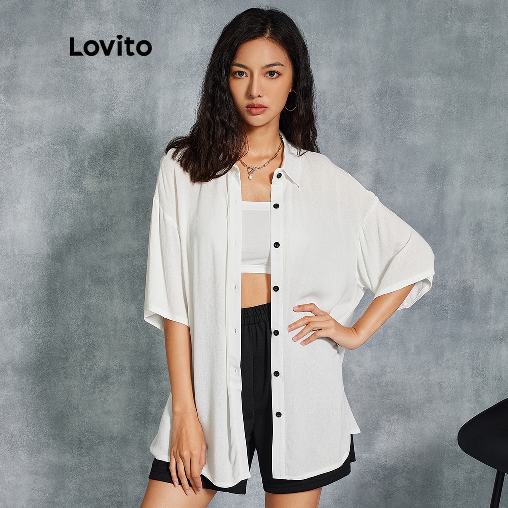 Lovito Casual Plain Contrast Button Oversize Short Sleeve Blouses ...