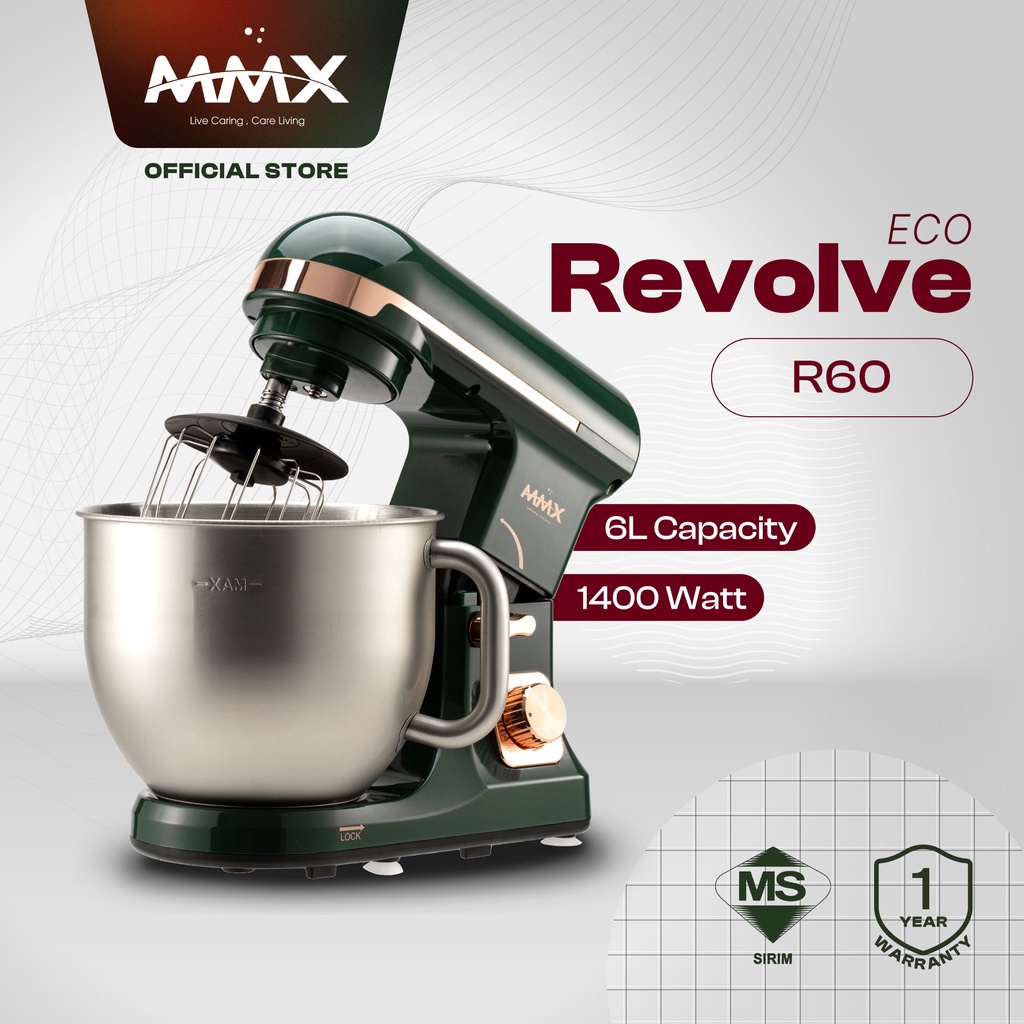 MMX Revolve Eco R60 1400W 6 Speed Cake Kitchen Blender Stand Mixer 6L - Green