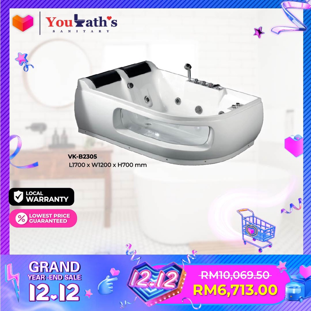 01.01 SALES White Acrylic Jacuzzi (Bathtub) With Headrest (L/R