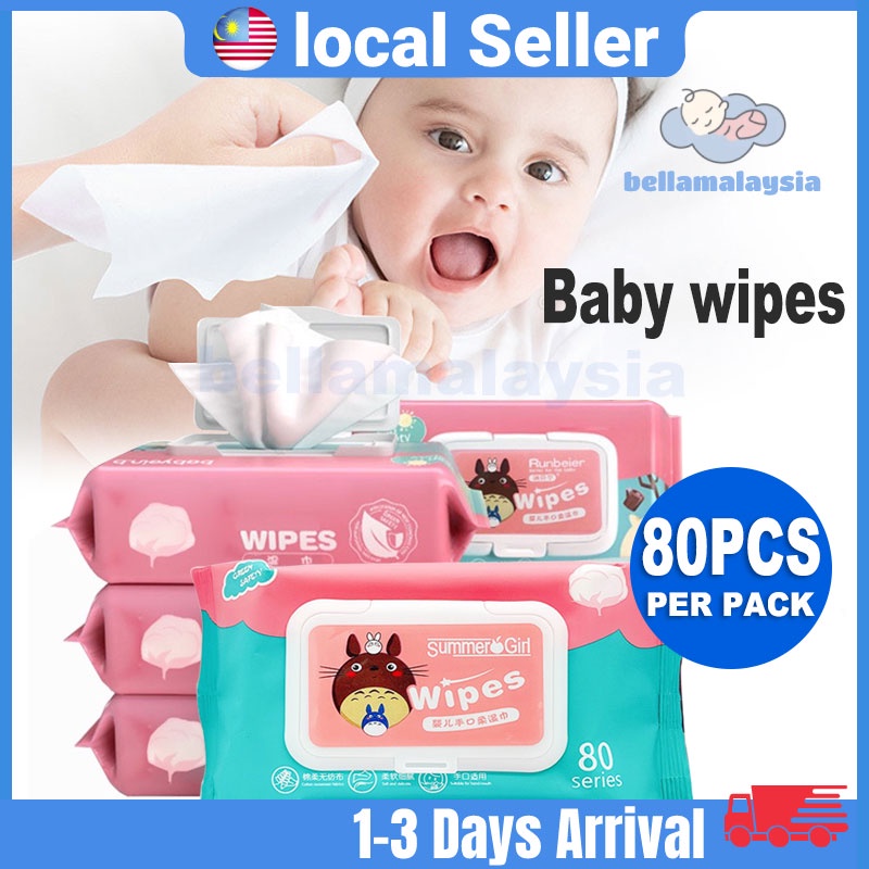 Bella 80Pcs/Set Premium Baby Wet Wipes Baby Wipes Tisu Basah (Non-Alcohol Fragrance Free Parabens Free)湿纸巾 纸巾