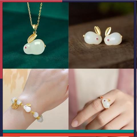 Lunar New Year Jade Rabbit Ring Auspicious and Cute Rabbit Earrings Lifetime Rabbit Bracelet Necklace Set Rabbit Year Holiday Gift