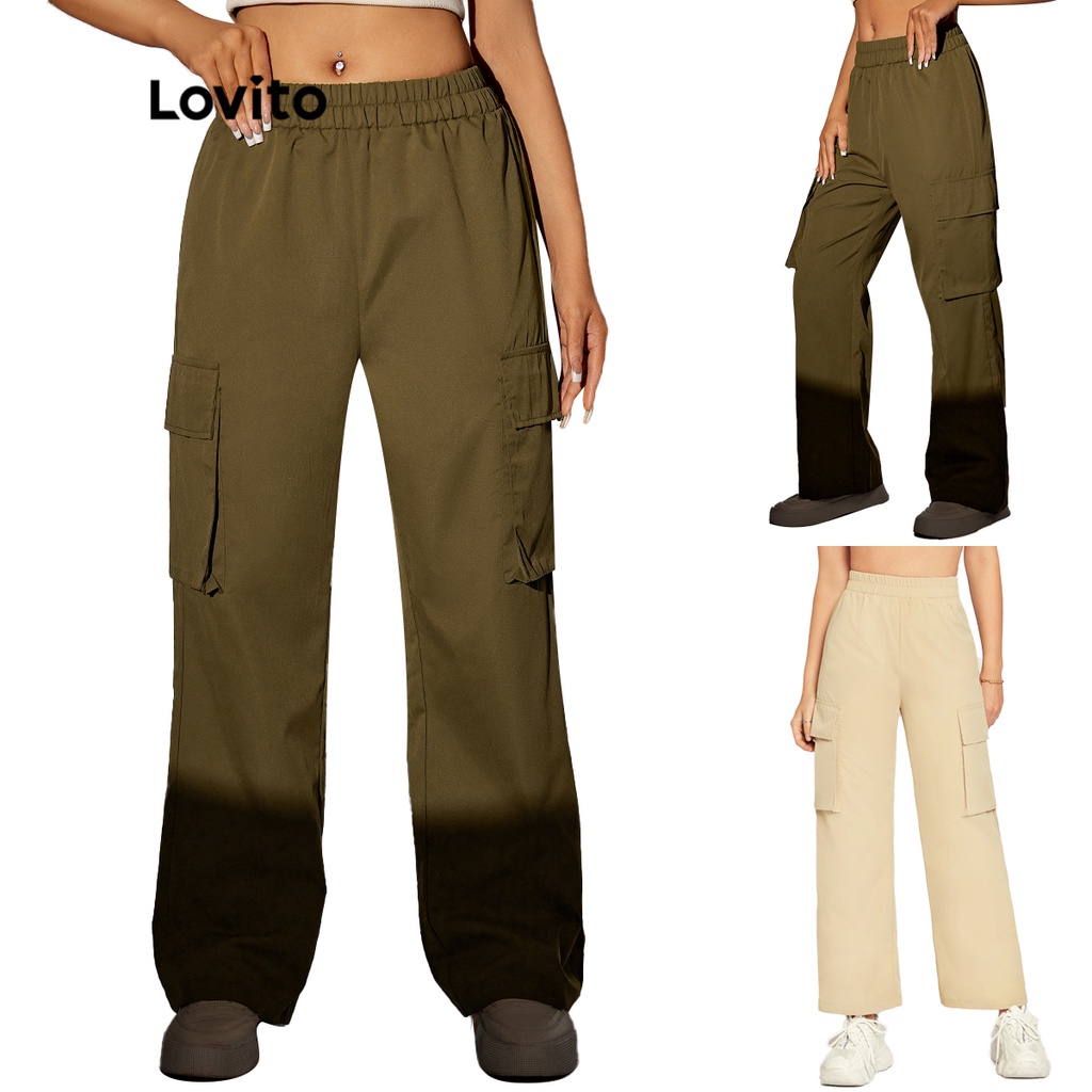 Lovito Casual Plain Elastic Waist Pocket Pants for Women L22LD144 (Army ...