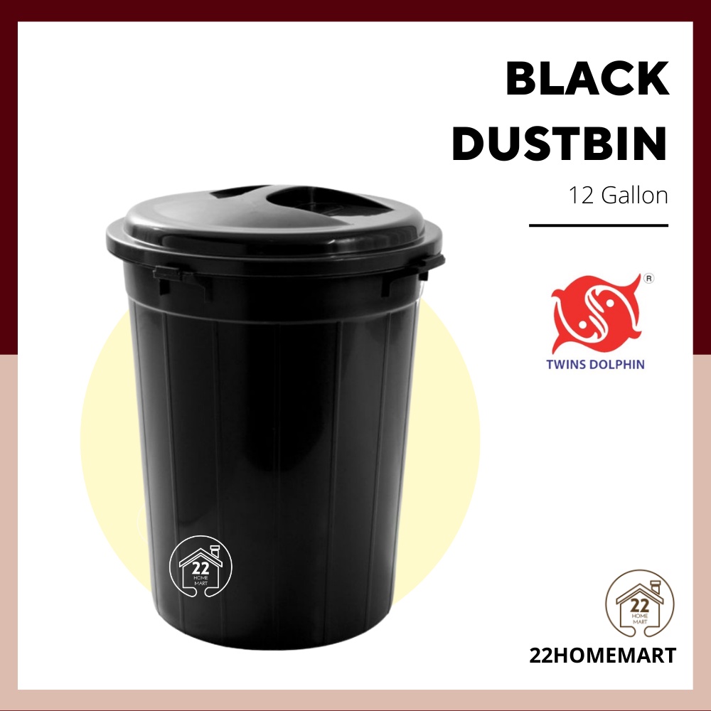 12 Gallon Black Big Plastic Dustbin with Cover | Tong Sampah Hitam ...
