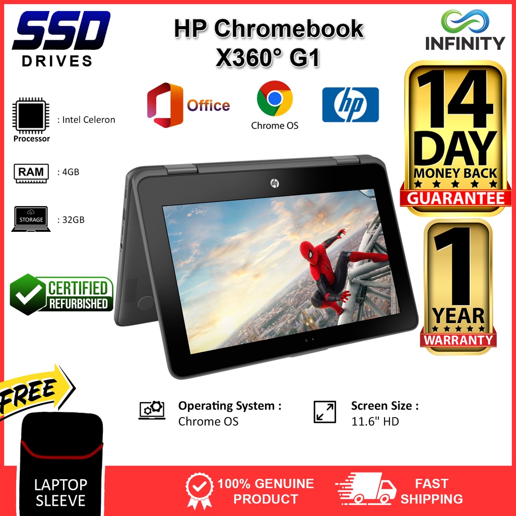 HP Chromebook 11 X360 G1 – 11.6" Touchscreen, Intel Celeron, 4GB RAM, 32GB EMMC
