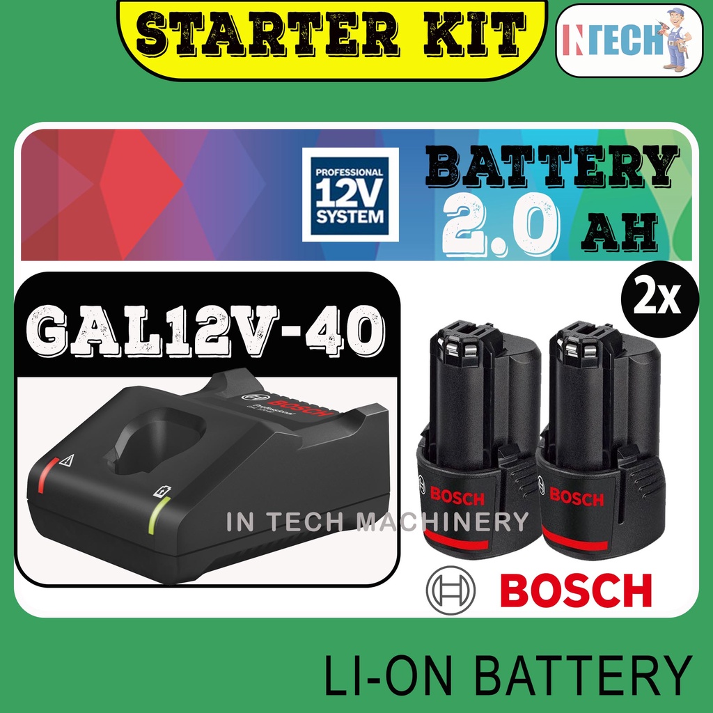 BOSCH 12V STARTER KIT C/W 1X GAL12V-40CV CHARGER + 2X 12V 2.0AH BATTERY