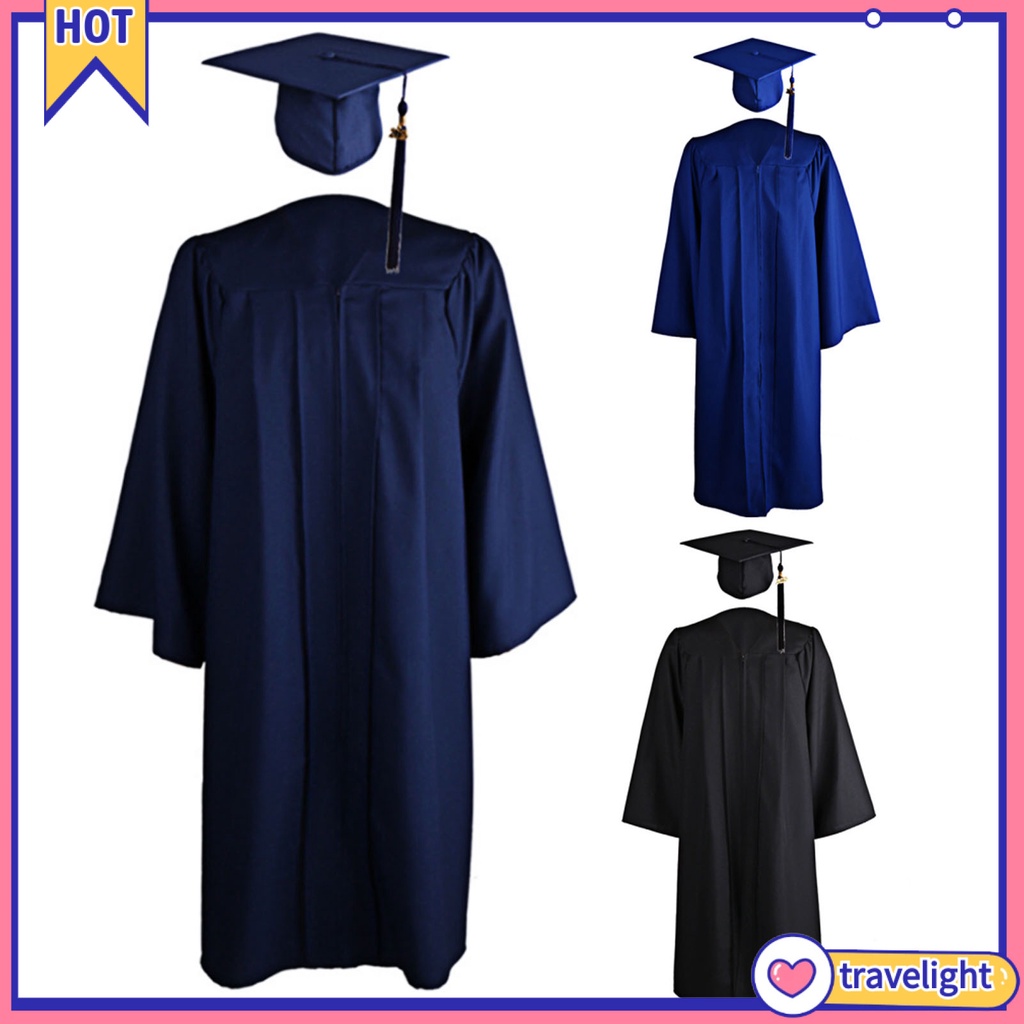 (Travelight) Graduation Gown Solid Color Zipper Closure Unisex V Neck Pleated Robe Hat Set for School