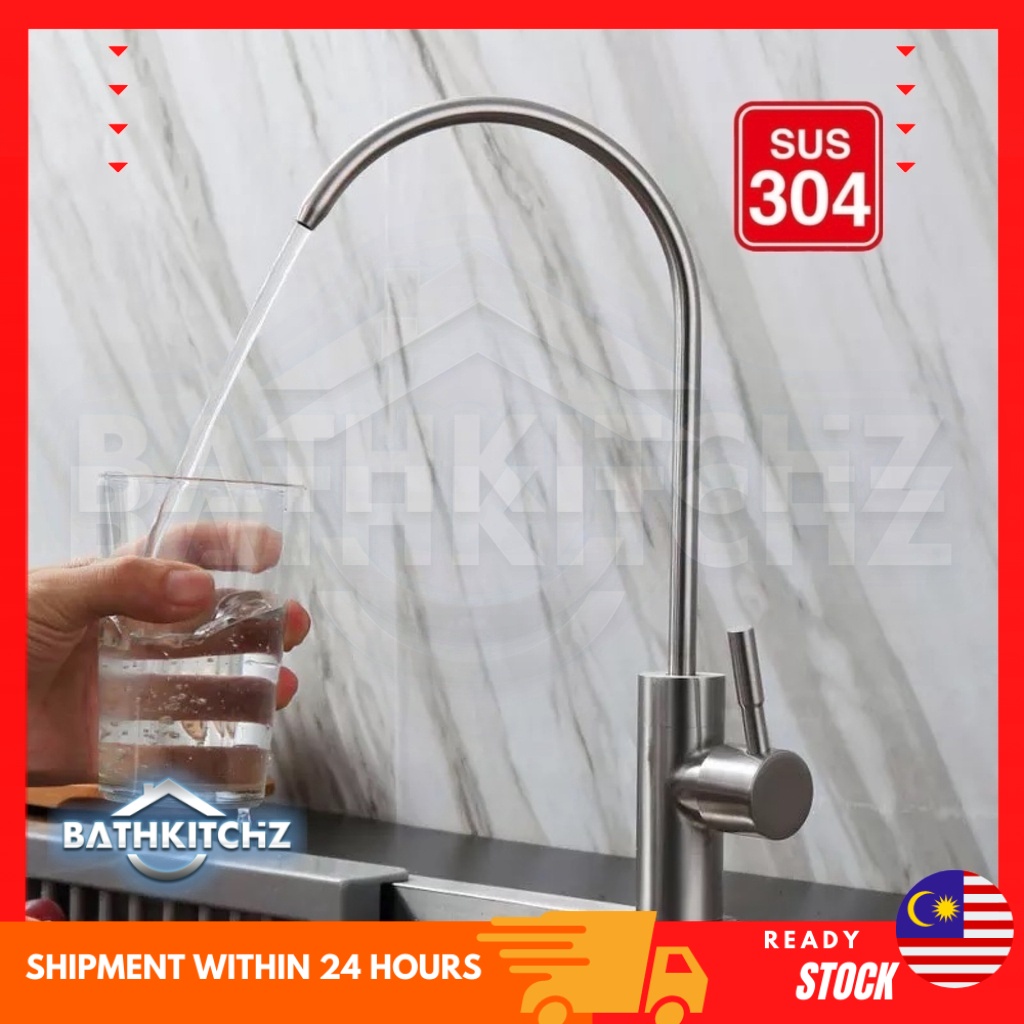BATHKITCHZ Silver/Black 1/4'' SUS 304 Water Filter Faucet Tap RO