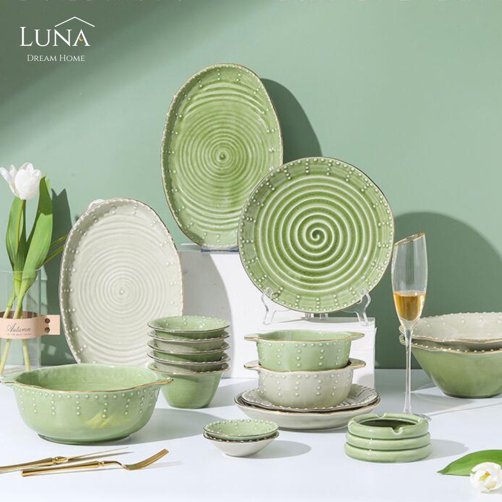 LUNA [Antique Grey Dinnerware] Hari Raya Gift Ceramic Plate Bowl Soup Bowl Ins Household Tableware Family Dinnerware Set