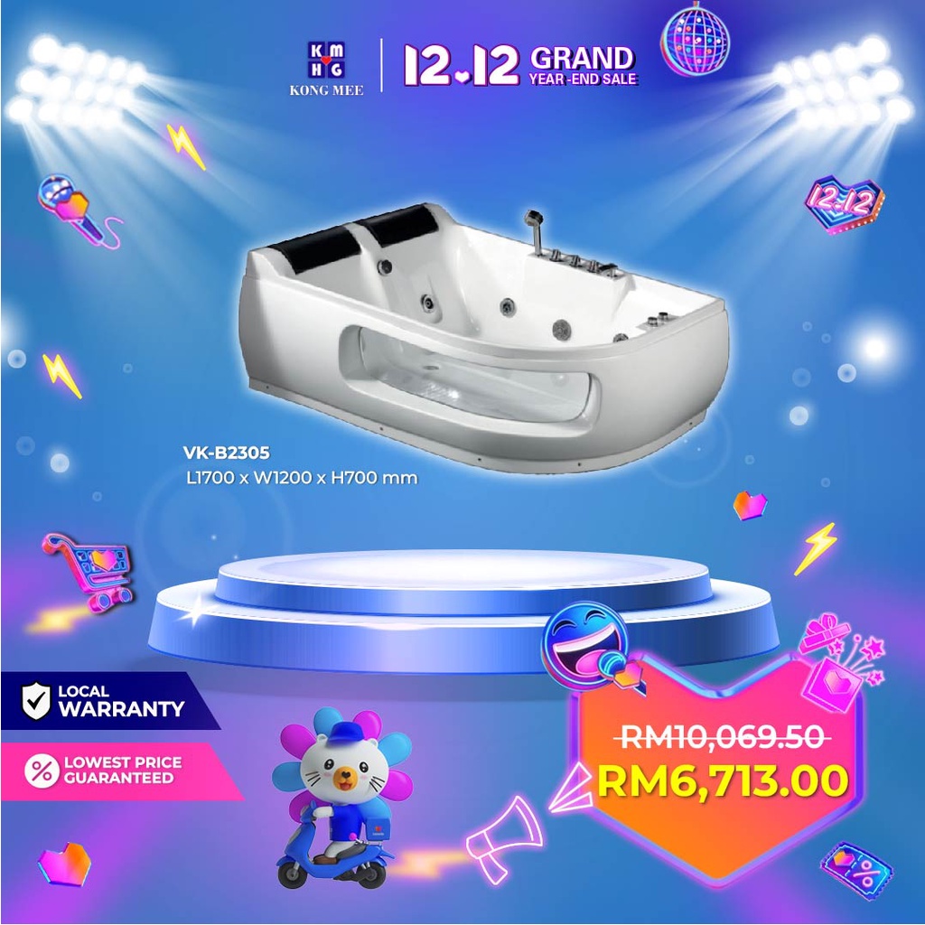 12.12 SALES White Acrylic Jacuzzi (Bathtub) With Headrest (L/R