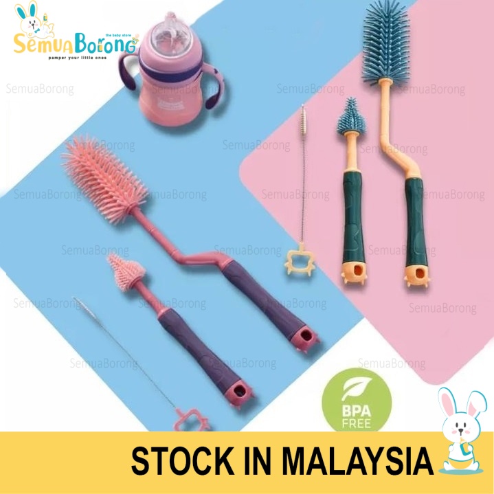 3Pcs Baby Feeding Bottle Cleaning Brush | Rotary Handle Soft Silicone Milk Bottle Washing Nipple Cleaner Berus Cuci 0444