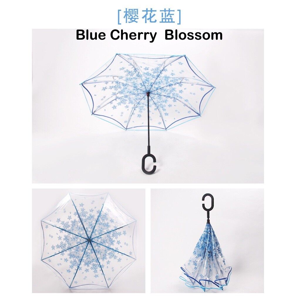 FREE GIFT Transparent C type Handle Umbrella Reverse Upside Down Cherry Blossom