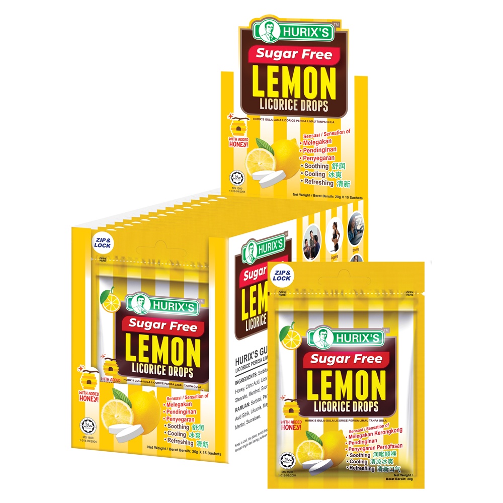 HURIX'S Sugar Free Lemon Licorice Drops (15 packs per box) throat