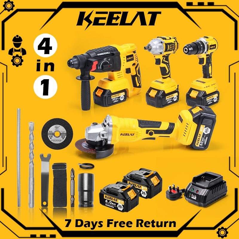 KEELAT Combo Set 4 IN 1 Brushless Motor Cordless Drill+Angle Grinder