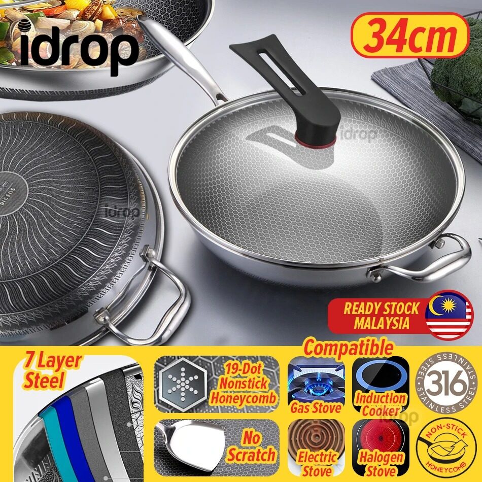 FREE GIFT idrop 34CM Stainless Steel SUS316 Frying Cooking Cook Wok with Glass
