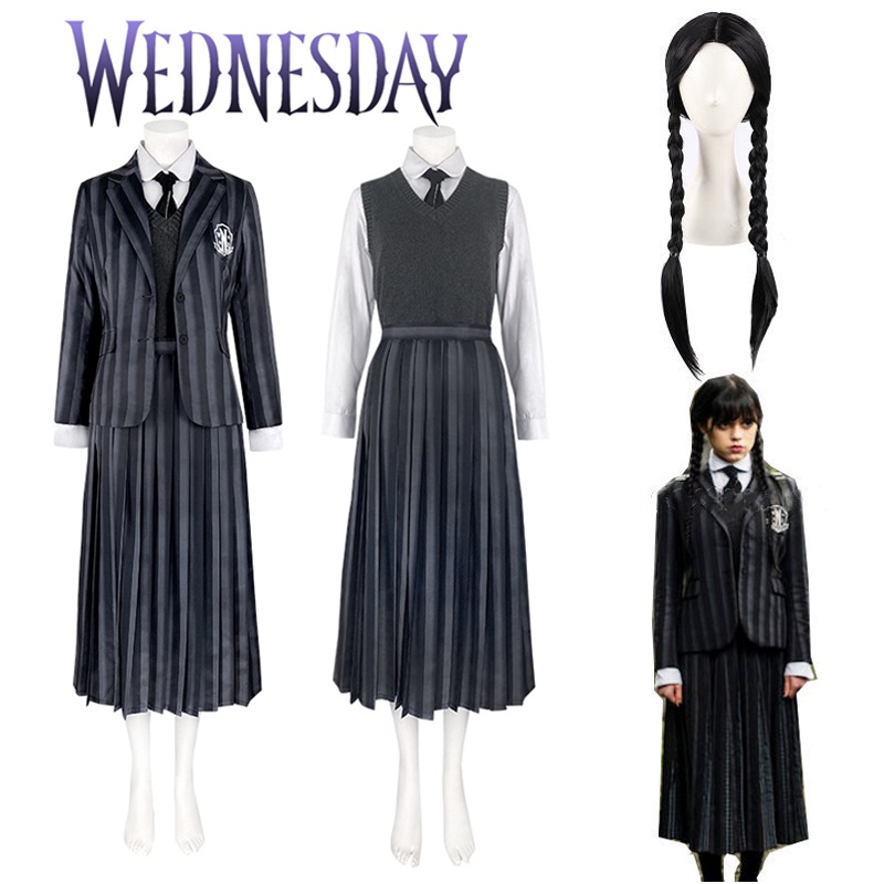 Movie Wednesday Addams Cosplay Costume Wig College School Uniforms Suit Gothic Punk Jacket Outfit Women Girl Christmas Party Cos