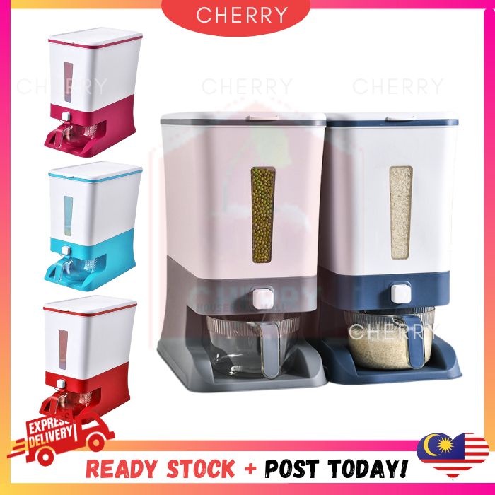 CHERRY 10/12KG Kitchen Tupper Tech Ware HOME Rice Dispenser Automatic 12kg with Rinsing Cup Bekas Beras