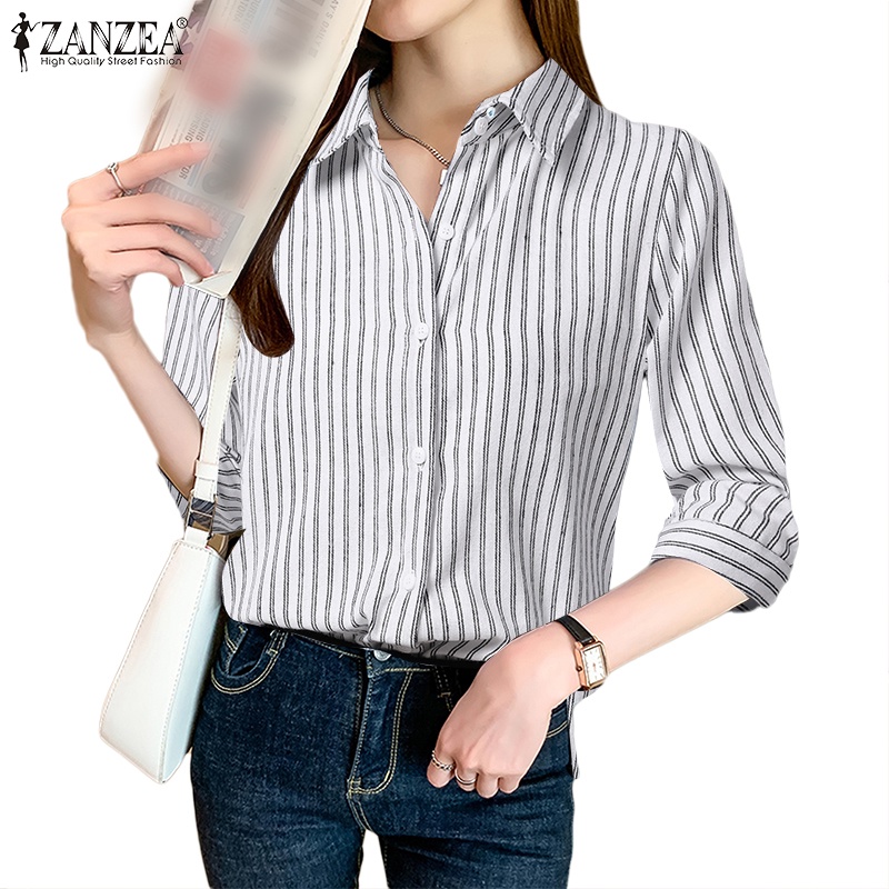 ZANZEA Women Korean Fashion 3/4 Sleeve Button Down Striped Formal OL ...