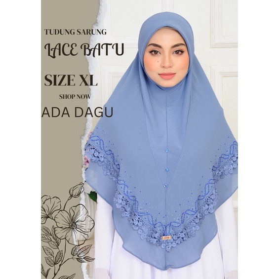 Tudung Sarung Labuh Lace Keliling Batu Manik | Size XL | Heavy Chiffon | Premium Lycra + Awning Scuba |