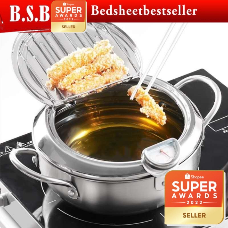 B.S.B Tempura Fryer Japanese Deep Fryer Cooker SUS 304 with Thermometer Pan Temperature Control Fried Chicken Pot