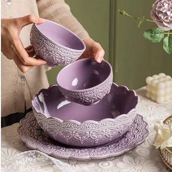 ❤Molly Preferred Princess Lace French Vintage Ceramic Tableware Relief Palace Style Western Food Plate Soup Fruit Salad Bowl Coffee Cup Saucer Mug