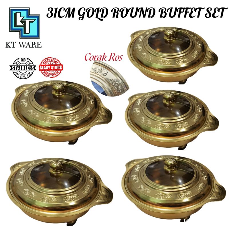 KT WARE 5 set  31CM GOLD  BUFFET EMBOSSED BUFFET TRAY SET / BUFFET FOOD TRAY SERVING TRAY FOOD PAN KENDURI SET CATERING