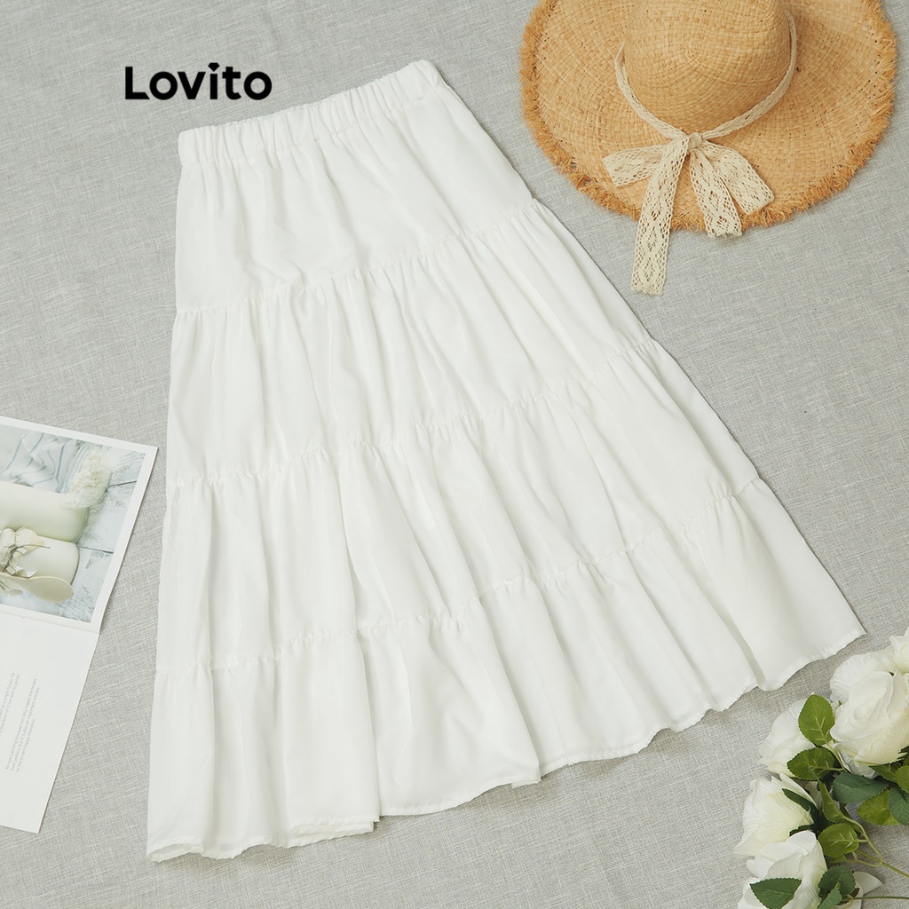 Lovito Casual Plain Basic Elastic Waist Ruched Skirts L14X040 (White ...