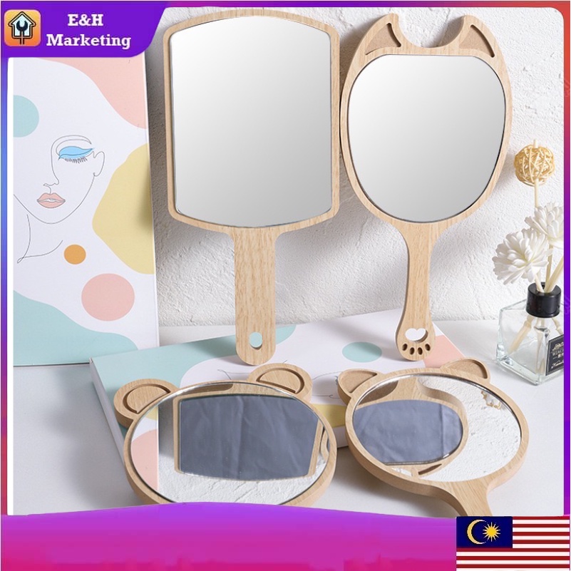 Wooden Hand Square Mirror Wooden Beauty Salon Makeup Mirror with Handle