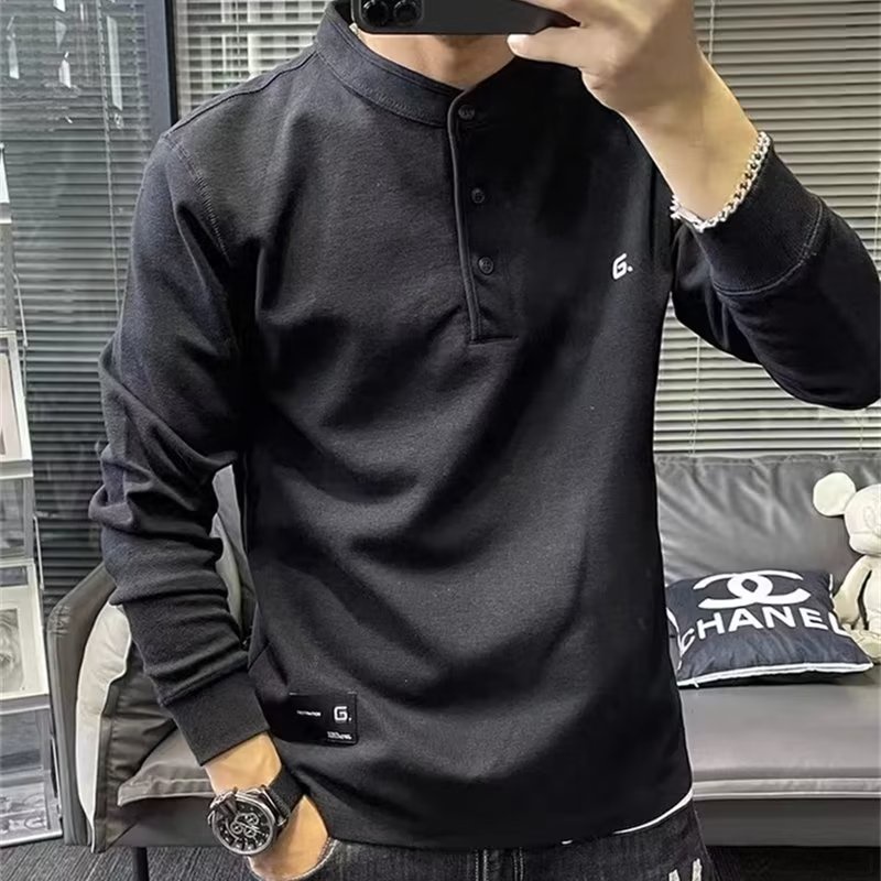 Henry Collar Pullover Sweatshirt Solid Color Embroidered Long Sleeve Men